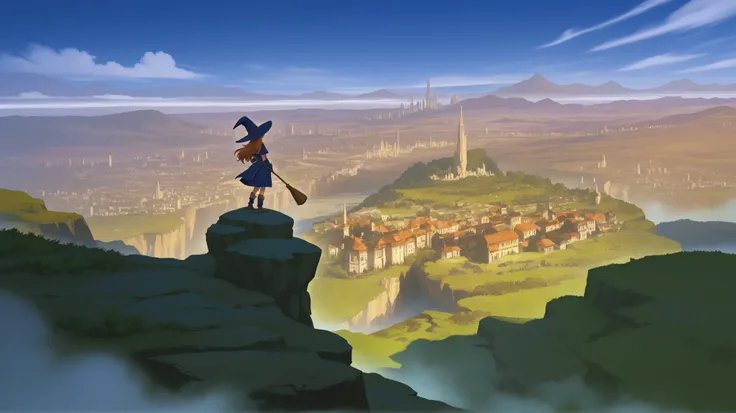 a witch wearing a hat, standing on a cliff overlooking the city, fantasy art anime, fantasy art style, magical fantasy 2d concept art
