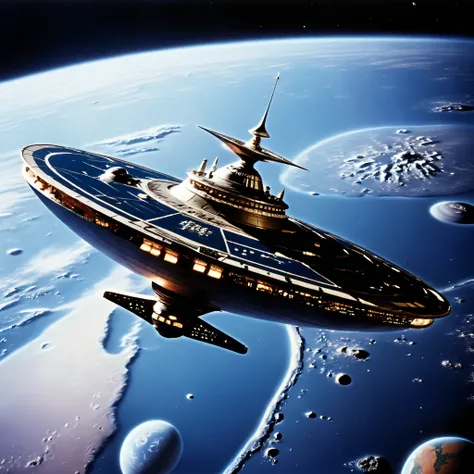 (((external image of ship in outer space orbiting a planet))), (((long shot))), external image of an old starship from a 1960s TV series, Lost in Space, Forbidden Planet , Republic series, Irwin Allen TV show, science fiction, Lost in Space style, retro lo...