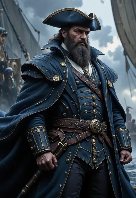 (( Costume of an English captain from the time of the Great Explorations ,details black with blue classic clothing , big beard in the background ships rainy weather storm giving more clarity to the importance of the English uniform))