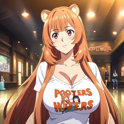 Raphtalia, 20 years old, bright orange hair, ruby-red eyes, round animal ears, sonrisa encantadora. Blushing, curvaceous, and slender figure with large, shapely breasts.   viste una camisa color blanco  escotada con las letras hooters escritas en ella de c...
