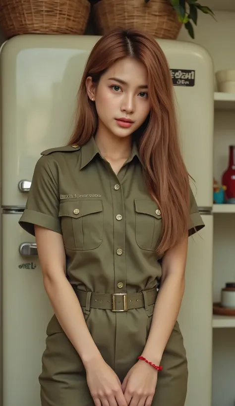 in American pop art style, Vintage features reminiscent of the 1960s, Sexy Thai women, parted lips, beautiful saggy big breasts,  , slightly twisted red-brown hair ,  Wearing a short red bracelet , Wearing a military uniform ,very realistic movie, standing...