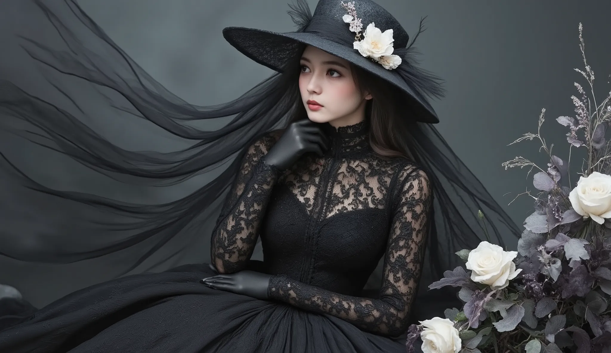Beautiful woman in formal attire with a sad expression, black lace dress, gloves and a morning veil in a big brimmed hat