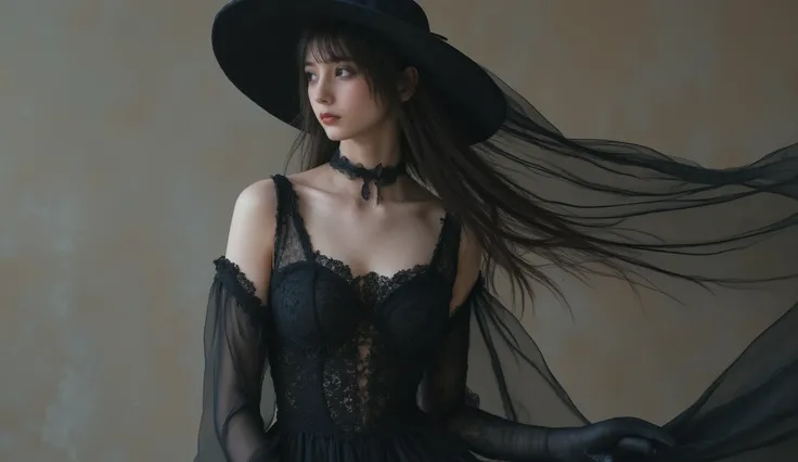 Beautiful woman in formal attire with a sad expression, black lace dress, gloves and a morning veil in a big brimmed hat