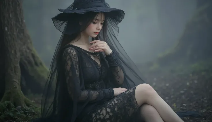 Beautiful woman in formal attire with a sad expression, black lace dress, gloves and a morning veil in a big brimmed hat