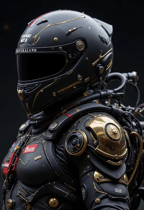((Uniform of a Formula 1 pilot , matte black with gold and red details black helmet with details in gold and blue color cinematic quality reference to historic and classic Formula 1 races HD quality 8k cinecmatic))