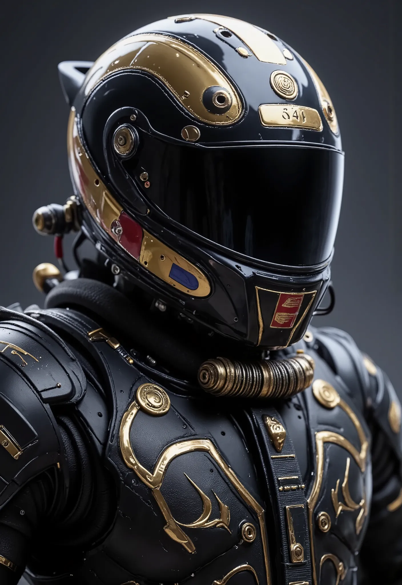 ((Uniform of a Formula 1 pilot , matte black with gold and red details black helmet with details in gold and blue color cinematic quality reference to historic and classic Formula 1 races HD quality 8k cinecmatic))