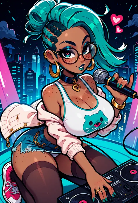 masterpiece, best quality, very aesthetic, absurdres, safe, (masterpiece), 1girl, solo, best quality, expressive eyes, perfect face, newest, perfect anatomy, flawless face, dark skinned African female with cornrows and glasses, hoop earrings, gold rings, o...