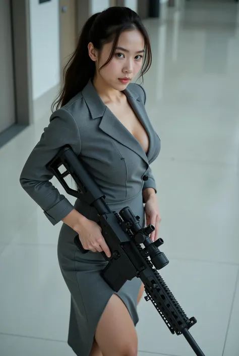 long shot, elevated view, high angle camera, fullbody shot, 1woman, (Indonesian), (beautiful woman), black hair, pony tail, medium 160cm short height of body, slightly chubby, ((albino skin)), wearing formal office dress, grey silver color, mini skirt with...