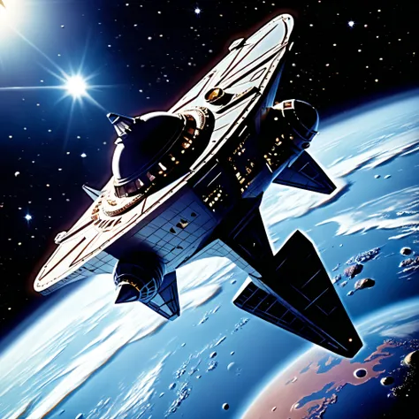 (((external image of ship in outer space orbiting a planet))), (((long shot))), external image of an old starship from a 1960s TV series, Lost in Space, Forbidden Planet , Republic series, Irwin Allen TV show, science fiction, Lost in Space style, retro lo...