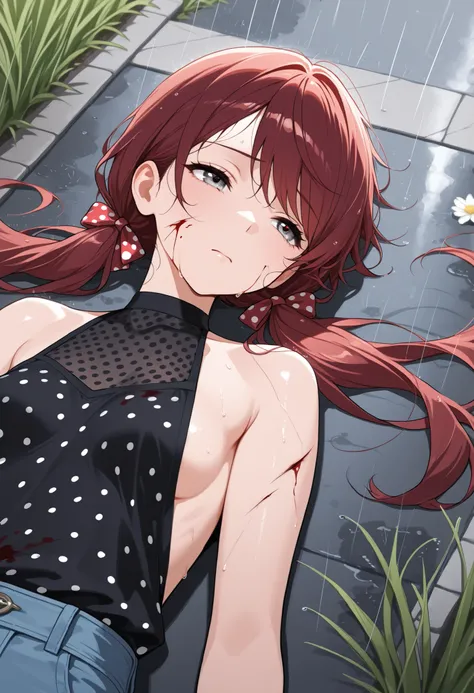 (masterpiece:1.2, Best Quality), (finely detailed beautiful eye: 1.2), (beautiful detailed face), character: sleeping, fainted, limp, sad expression, backless sleeveless halter neck shirt, sideboob, from above, close up, black shirt, polka dot shirt, baggy...