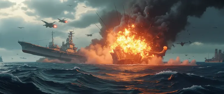 Pieces of a destroyed aircraft carrier floating in the sea. Dramatic scene in the middle of the ocean, under a sky partially obscured by dark clouds. In the center of the image, a huge explosion erupts from the water, creating a mushroom-shaped column of f...