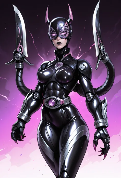 Robotic girl. Kamen Rider design lines. Biological machine. Graphite and purple image colors. Latex and metallic texture. Full face helmets. Hide eyes. Blindfold. Cracked pattern helmets. Stud costumes. Spiky. Devil horns. Twisted corners. Black lips. Perk...