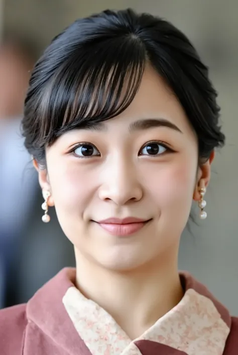 Japanese woman headshot、looking at the camera、Dark eyeshadow、smile with closed mouth、Red cheeks、ear piercing、necklace、upper body、Background is in a room、