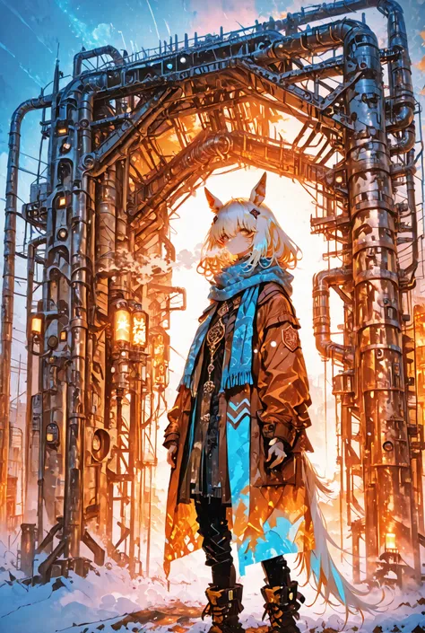 Biwa Hayahide (Uma Musume), casual outfit with a long scarf, visible white breath in the cold air, standing in front of a detailed industrial factory nightscape, intricate pipes and smokestacks with faint steam, glowing lights with starburst effect, a dyst...