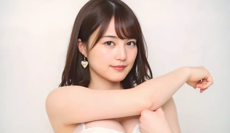 ( full body),1 beautiful woman 、 embarrassing cosplay, heart earrings , tanned skin, miniskirt, pose with your arms crossed in front of your chest, Look above your neck , monotone background , Raise your arms to show your chest ,
Big Breasts, Beautif...