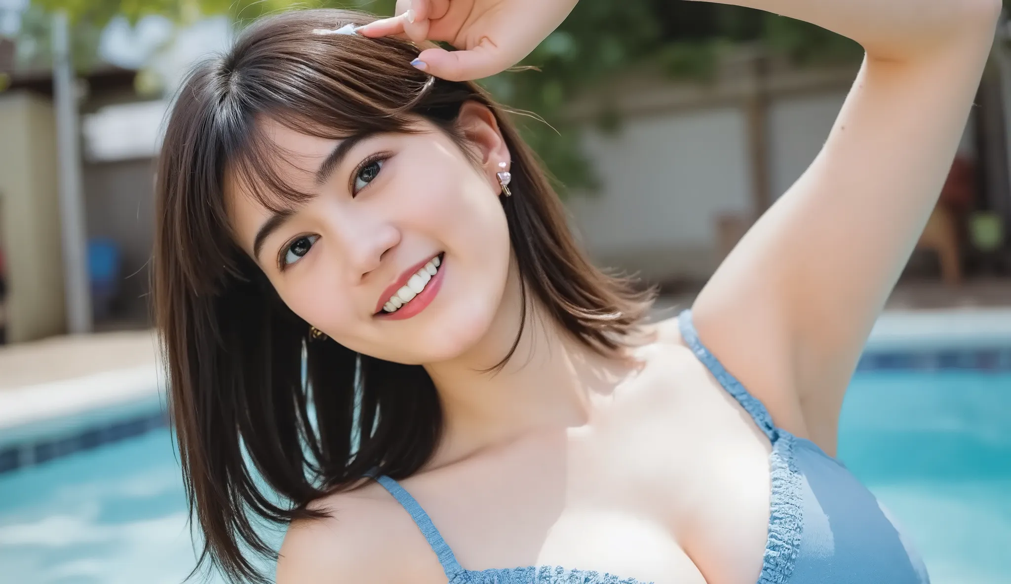 and I'm wearing a bikini、Big Breasts、1 girl on break day, solo, high resolution, Highest Quality, smile, white skin、(blue bikini:1.3)、(Chest Valley:1.2)