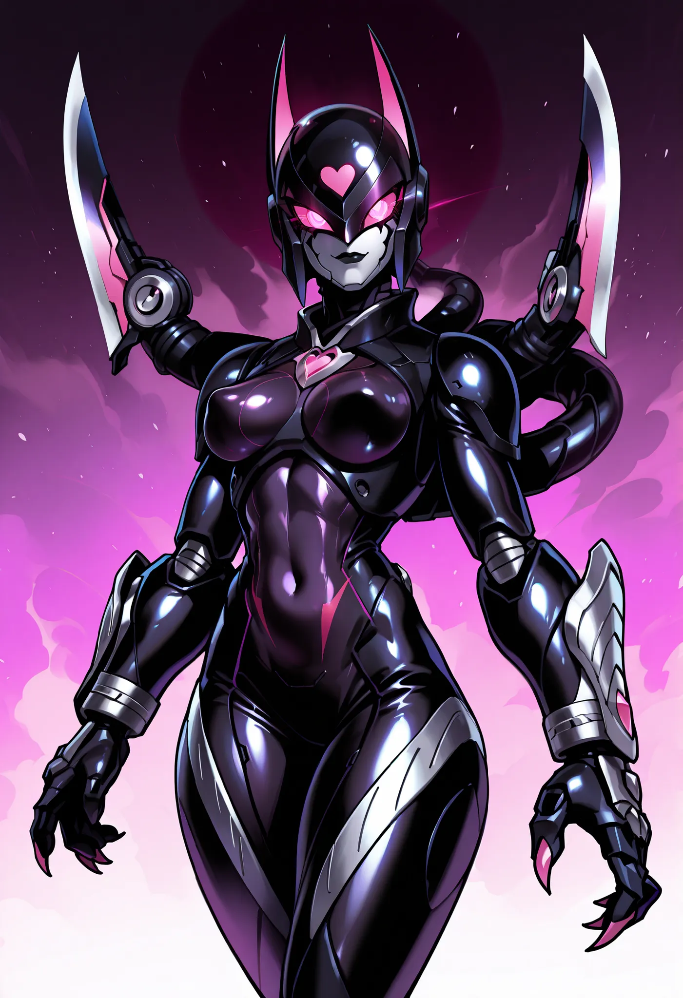 Dark UltraWoman. (high quality)(luster)((Black Face and red eyeline))(Black and purple thema color. black helmet. A full-face helmet. Pink lines. Purple glowing mechanical eyes. The whole body is covered with a black bodysuit. Thick legs. Spike decoration....