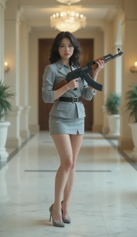 long shot, fullbody shot, 1woman, (Indonesian), (beautiful woman), black wavy hair, medium 160cm short height of body, slightly chubby, albino skin, wearing formal office dress, grey silver color, mini skirt with high-slit, standing easy, holding an AK-47 ...