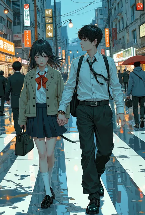 Two high school students stroll hand-in-hand across a rainy crosswalk in the heart of a bustling Japanese city. Drenched in youth, defiance, and casual style, their uniforms reflect a mix of tradition and rebellion — untucked shirts, loosened ties, and sch...