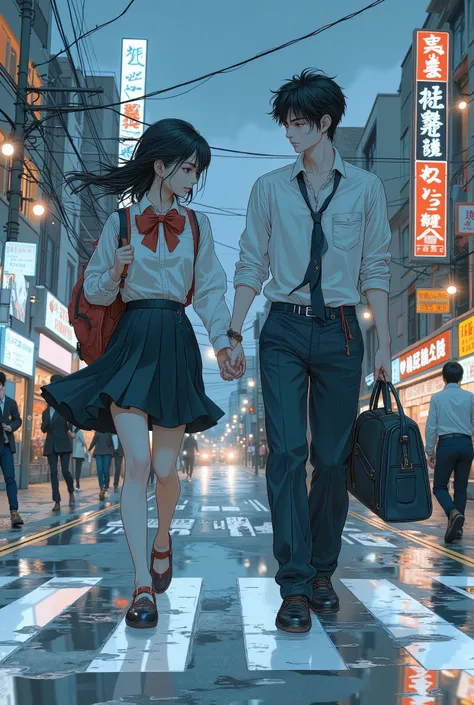 Two high school students stroll hand-in-hand across a rainy crosswalk in the heart of a bustling Japanese city. Drenched in youth, defiance, and casual style, their uniforms reflect a mix of tradition and rebellion — untucked shirts, loosened ties, and sch...