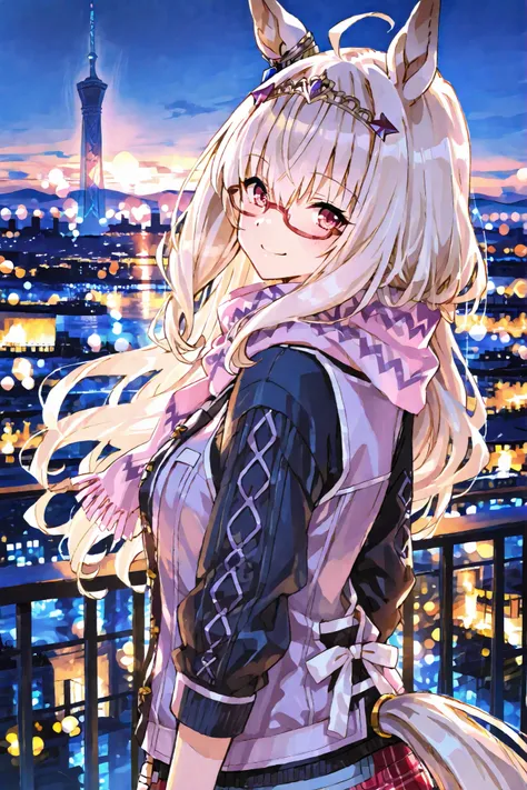 biwa hayahide (Uma Musume), casual outfit with a scarf, smiling brightly, turning back, kobe night cityscape, kobe port tower, Christmas illuminations with bokeh effect, soft warm glow on her face, romantic date atmosphere, shallow depth of field, anime st...