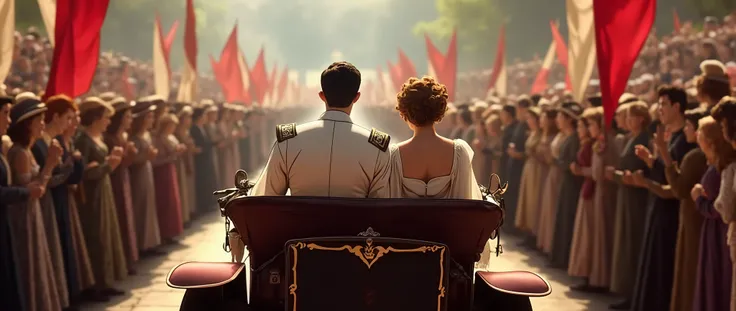 Close-up; Cartoo; Imagine an exciting and detailed historical scene. A crowd of people gathers around an elegant vintage car, a 1911 Gräf & Stift 28/32 Double Phaeton, seen from behind. The car is driven by a chauffeur, who is at the wheel, while in the ba...