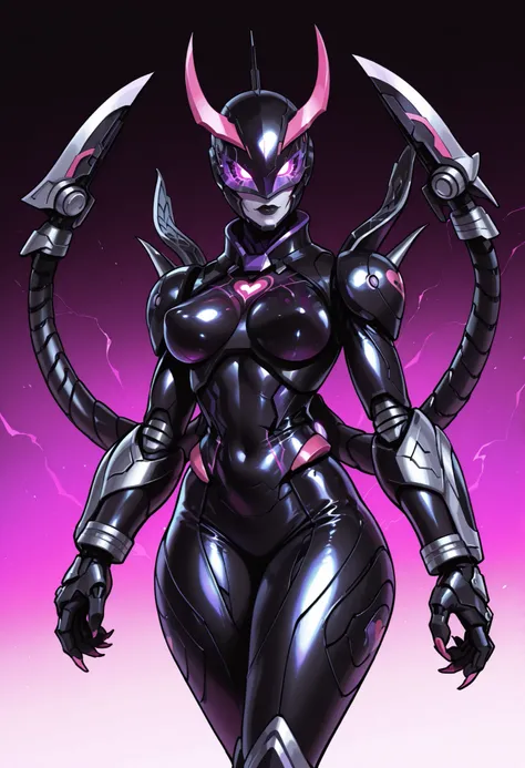 Dark UltraWoman. (high quality)(luster)((Black Face and red eyeline))(Black and purple thema color. black helmet. A full-face helmet. Pink lines. Purple glowing mechanical eyes. The whole body is covered with a black bodysuit. Thick legs. Spike decoration....