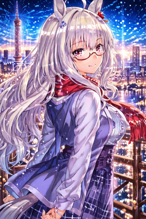 biwa hayahide (Uma Musume), casual outfit with a scarf, smiling brightly, turning back, kobe night cityscape, kobe port tower, Christmas illuminations with bokeh effect, soft warm glow on her face, romantic date atmosphere, shallow depth of field, anime st...