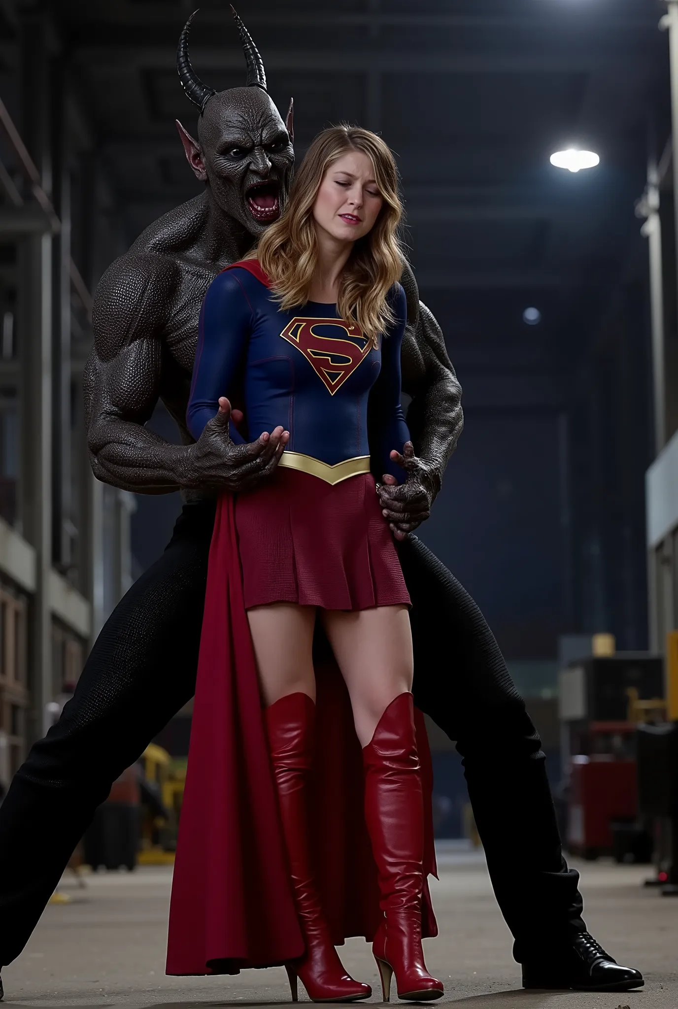 Melissa Benoist as Supergirl, she is screaming in pain, arms behind her back, try to resist, wearing a Supergirl costume, blue shirt and very short skirt, red high boots, she is harassed from behind by a huge body devil, A fierce devil is holding her arms ...