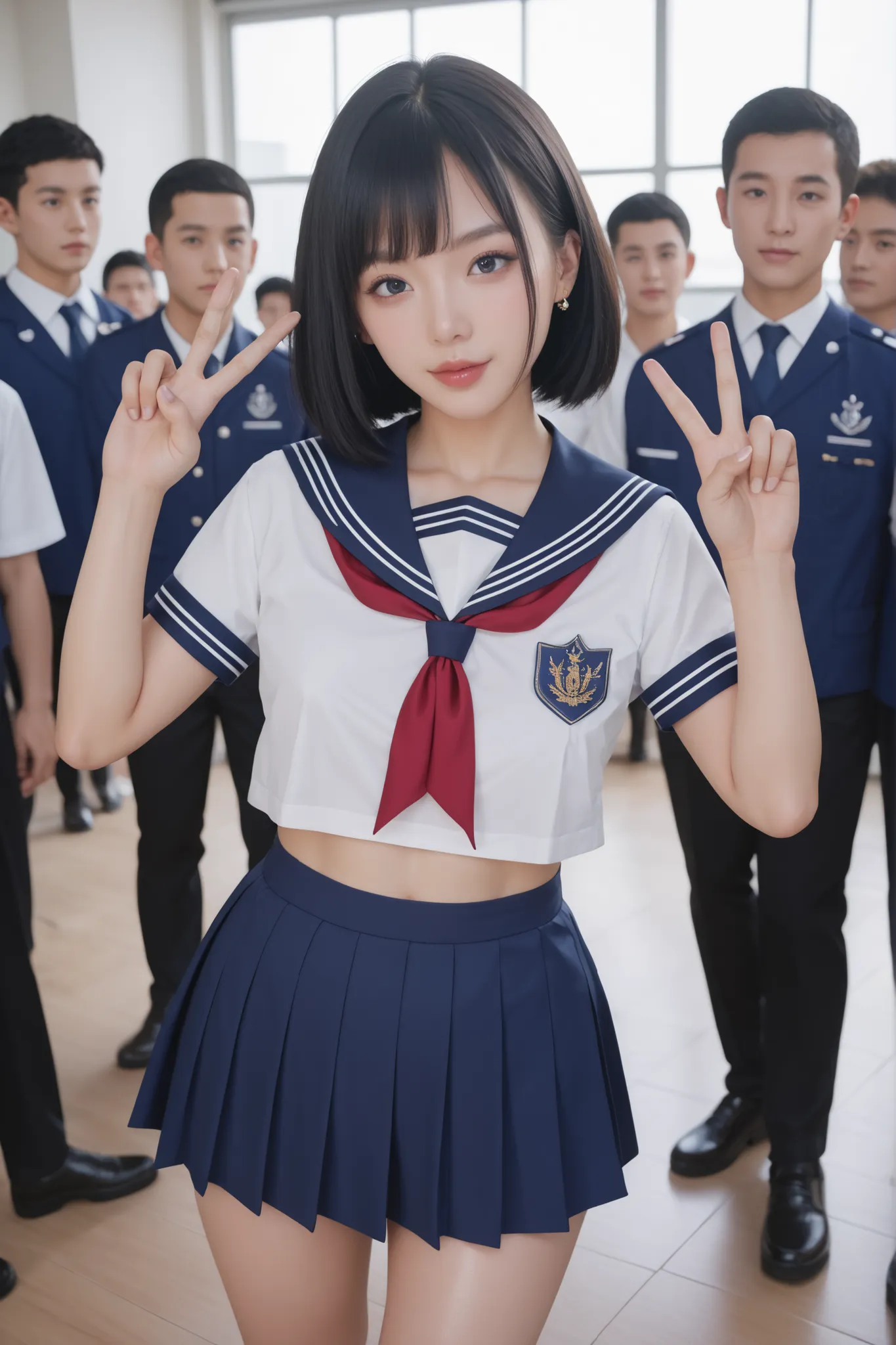 girl、18 years old、 black bob hair、Slimming、 Surimi Waist、big firm chest、shiny skin:1.5、white short sleeve sailor suit and navy blue short mile、peace sign、Classroom、Crowd of young boys:1.5