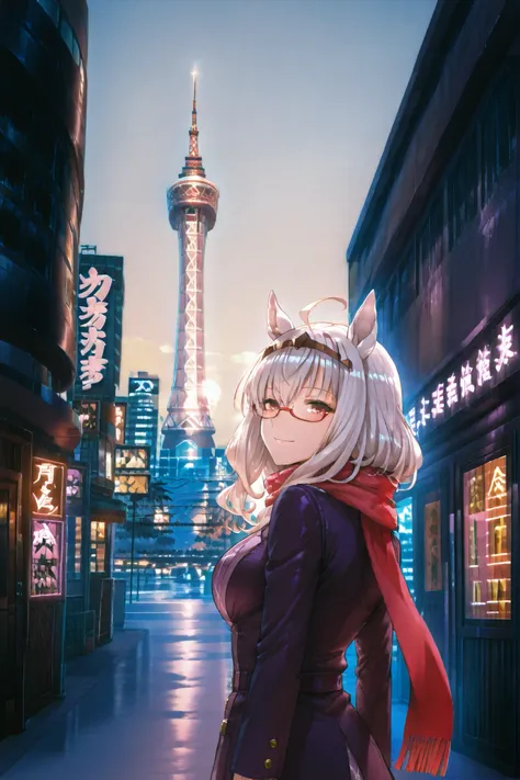 biwa hayahide (Uma Musume), casual outfit with a scarf, smiling brightly, turning back, kobe night cityscape, kobe port tower, Christmas illuminations with bokeh effect, soft warm glow on her face, romantic date atmosphere, shallow depth of field, anime st...