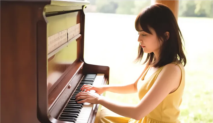 (((best image quality、winning job、nsfw)))、A beautiful Japanese woman is playing the piano、Yellow Dress、(((On the piano、A beautiful piano 、The musical notes are dancing)))、((tree々The light shines in from between 、Sad Expression))、(((mid-shot、Dutch horn shot...