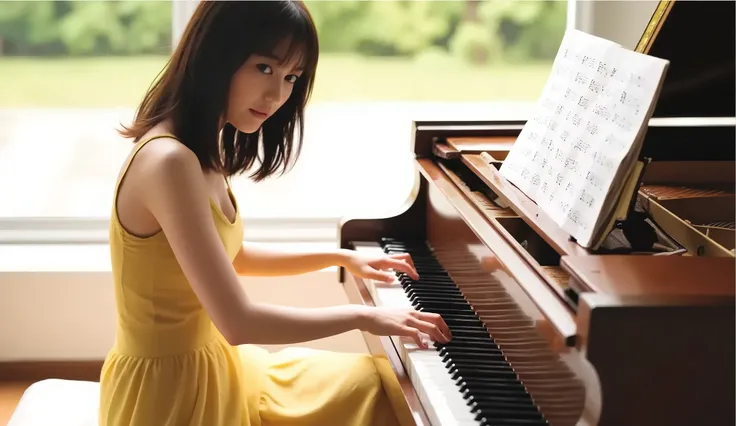 (((best image quality、winning job、nsfw)))、A beautiful Japanese woman is playing the piano、Yellow Dress、(((On the piano、A beautiful piano 、The musical notes are dancing)))、((tree々The light shines in from between 、Sad Expression))、(((mid-shot、Dutch horn shot...