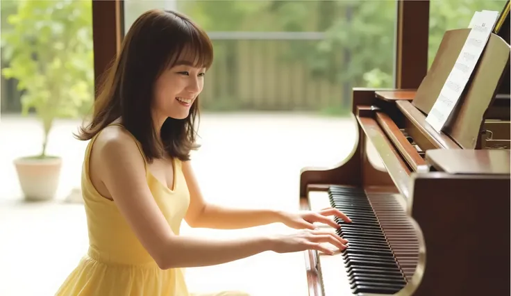 (((best image quality、winning job、nsfw)))、A beautiful Japanese woman is playing the piano、Yellow Dress、(((On the piano、A beautiful piano 、The musical notes are dancing)))、((tree々The light shines in from between 、Sad Expression))、(((mid-shot、Dutch horn shot...