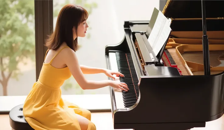 (((best image quality、winning job、nsfw)))、A beautiful Japanese woman is playing the piano、Yellow Dress、(((On the piano、A beautiful piano 、The musical notes are dancing)))、((tree々The light shines in from between 、Sad Expression))、(((mid-shot、Dutch horn shot...