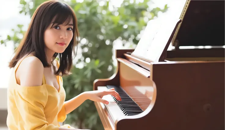 (((best image quality、winning job、nsfw)))、A beautiful Japanese woman is playing the piano、Yellow Dress、(((On the piano、A beautiful piano 、The musical notes are dancing)))、((tree々The light shines in from between 、Sad Expression))、(((mid-shot、Dutch horn shot...
