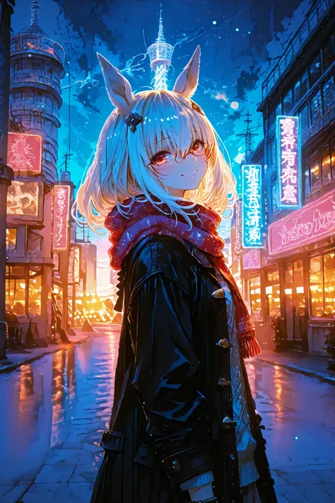 biwa hayahide (Uma Musume), casual outfit with a scarf, smiling brightly, turning back, kobe night cityscape, kobe port tower, Christmas illuminations with bokeh effect, soft warm glow on her face, romantic date atmosphere, shallow depth of field, anime st...