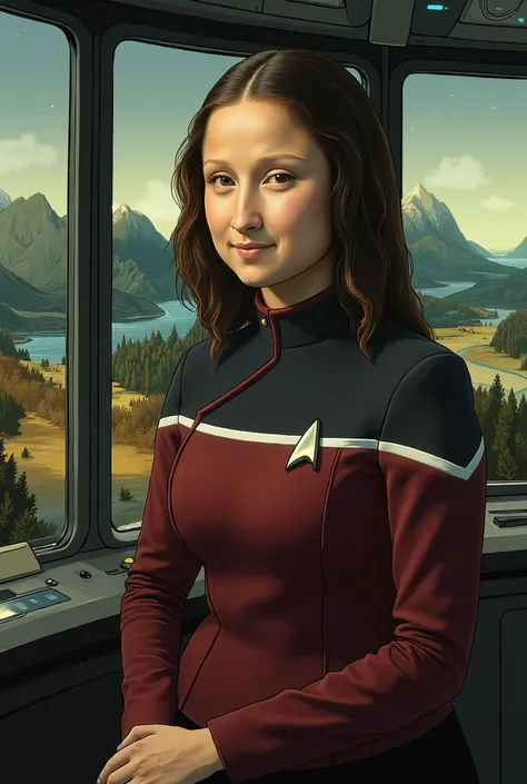 In a bold reimagining of da Vinci’s masterpiece, the enigmatic Mona Lisa is transformed into a calm yet commanding space captain. Clad in a sleek Starfleet-style uniform in deep crimson and black, she stands on the bridge of a starship orbiting an alien wo...