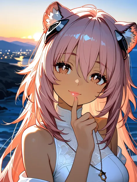 female,female,gravel\(Arknights), Suddenly eyebrows, light pink hair, Create a décolletage line with wavy long hair and tail, Twilight at sunset,slender figure like an athlete,(hair ornament that grabs Narmaya's chest:1.35), brown eyes,,necklace,off the sh...