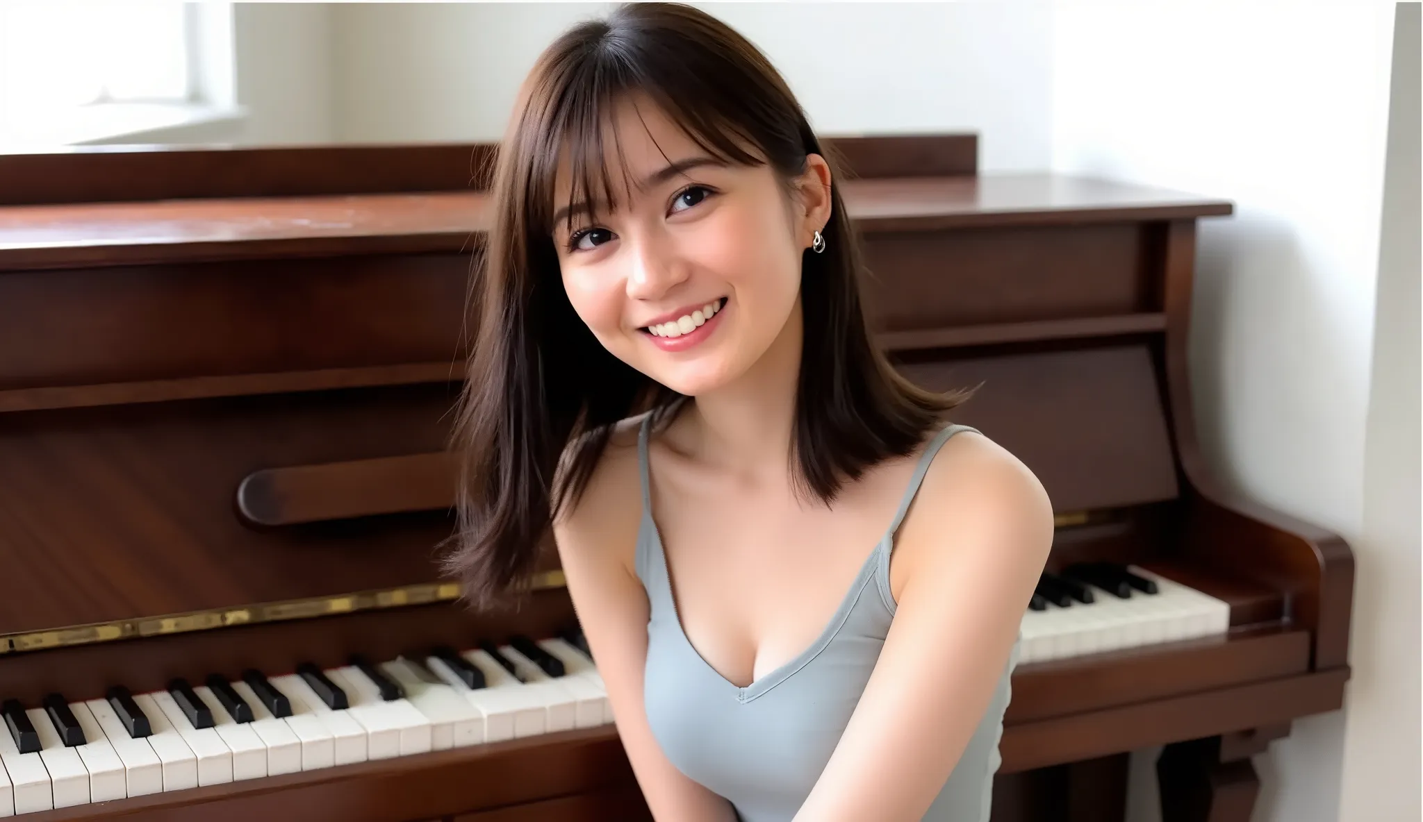 On the piano, mid-shot, Dutch horn shot, Absard Dress, Very Detailed, Super Detail, Highest Quality, beautiful, female, beautiful, romantic vibe, moonlight, soft lighting