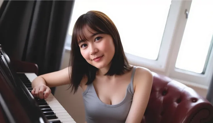 On the piano, mid-shot, Dutch horn shot, Absard Dress, Very Detailed, Super Detail, Highest Quality, beautiful, female, beautiful, romantic vibe, moonlight, soft lighting