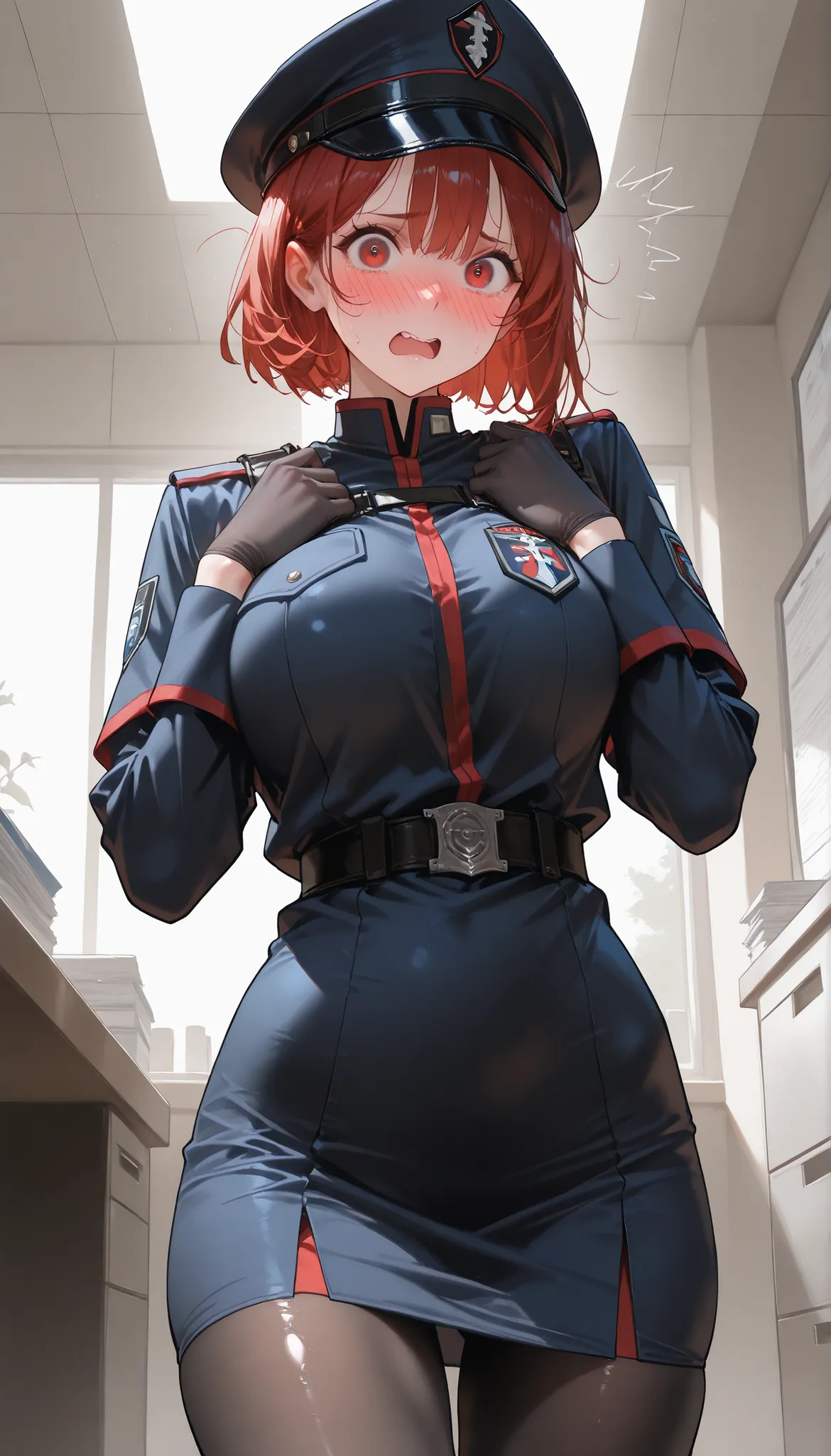 A female,Solo, wearing A Dark Blue Guard Uniform,Black silk gloves,Black pantyhose,Shiny skin,(Red Short hair),Black guard cap,Panicking, Flustered,Slim body,In Office,UHD, SOLO, anatomically correct, masterpiece, textured skin, high details, highres, 1080...