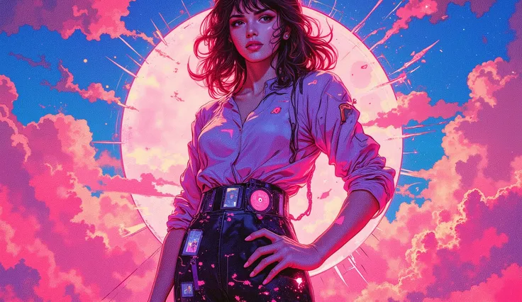 DB4RZ style painting,vaporwave color palette,neon pinks and blues,retro aesthetics, ( SIMPLE DESIGN ), promotional art , record album background design ,Feminist Art , comic book style,cloudy and sky