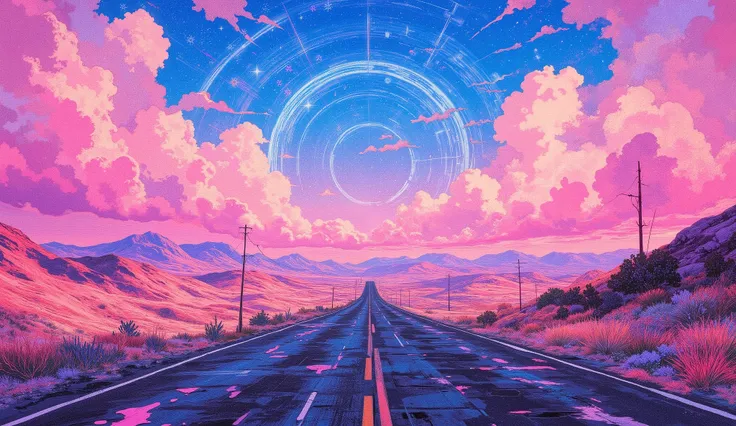 DB4RZ style painting,vaporwave color palette,neon pinks and blues,retro aesthetics, ( SIMPLE DESIGN ), promotional art , record album background design ,comic book style,A cozy road atmosphere with a winding highway, featuring vaporwave patterns and colors...