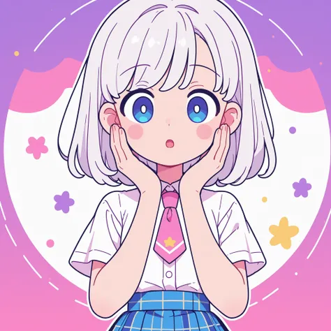 anime-style drawing, Chika Girl Lola, blue eyes, silvery-white hair, Schoolgirl, white short-sleeved blouse, Pink tie, blue plaid skirt, long black buccaneer socks, surprised body expression