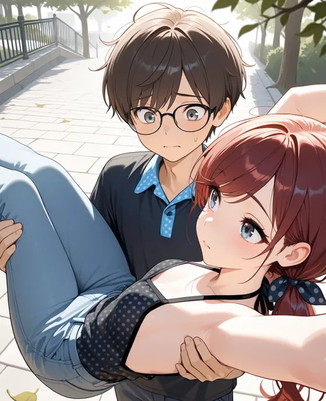 (masterpiece:1.2, Best Quality), (finely detailed beautiful eye: 1.2), (beautiful detailed face), close up, from above, 1boy, 1girl,carrying, princess carry, character: small boy,nervous, blue collared shirt, trousers, short hair, brown hair, blue eyes, gl...