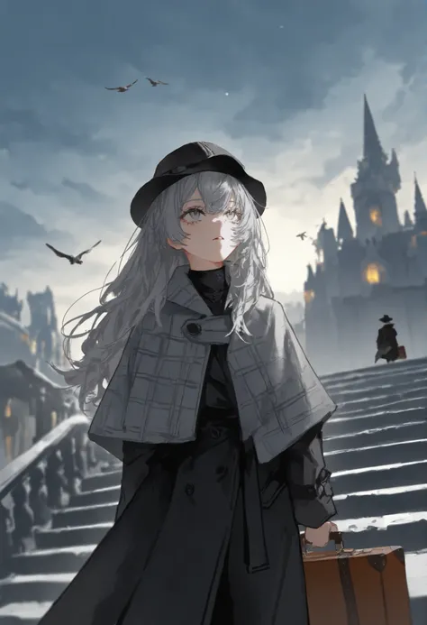 1 Girl,gray shawl hair,gray eyes,black coat,black square hat ,detective, atmosphere under the stars,Castle,cloudy day,Looking up,Suitcase ,Stairs,Bird,Blurred foreground