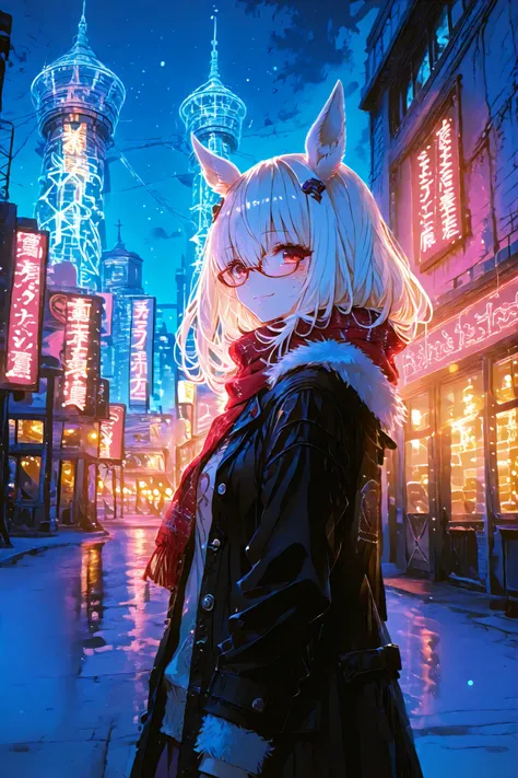 biwa hayahide (Uma Musume), casual outfit with a scarf, smiling brightly, turning back, kobe night cityscape, kobe port tower, Christmas illuminations with bokeh effect, soft warm glow on her face, romantic date atmosphere, shallow depth of field, anime st...