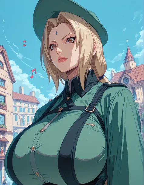 Tsunade_Senju's/Boruto, 1Woman, She is a tall and slender woman who has Long Blonde hair and is often seen wearing her glasses, Brown Eyes, Victorian-Style Building, ((huge breasts : 1.6)), A city spun by musical notes, 1Woman, Tactical Wizard Uniform, Wiz...