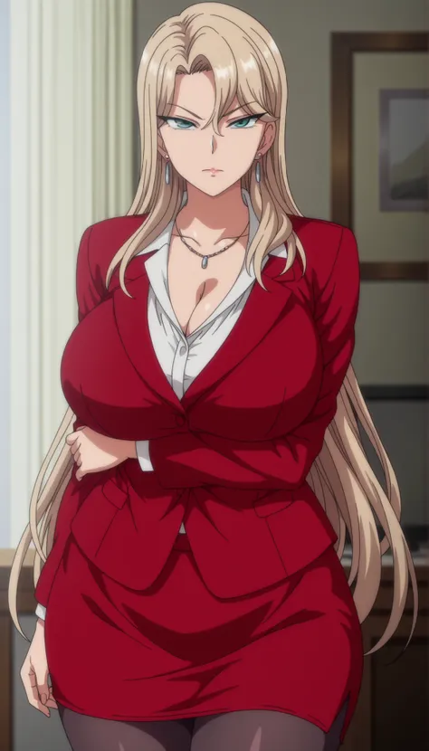 anime coloring, ,mature woman, 1girl, breasts, pantyhose, jewelry, blonde hair, solo, cleavage, long hair, earrings, skirt, large breasts, pencil skirt, aqua eyes, necklace, looking at viewer, skirt suit, formal, suit, jacket, office lady, shirt, red skirt...